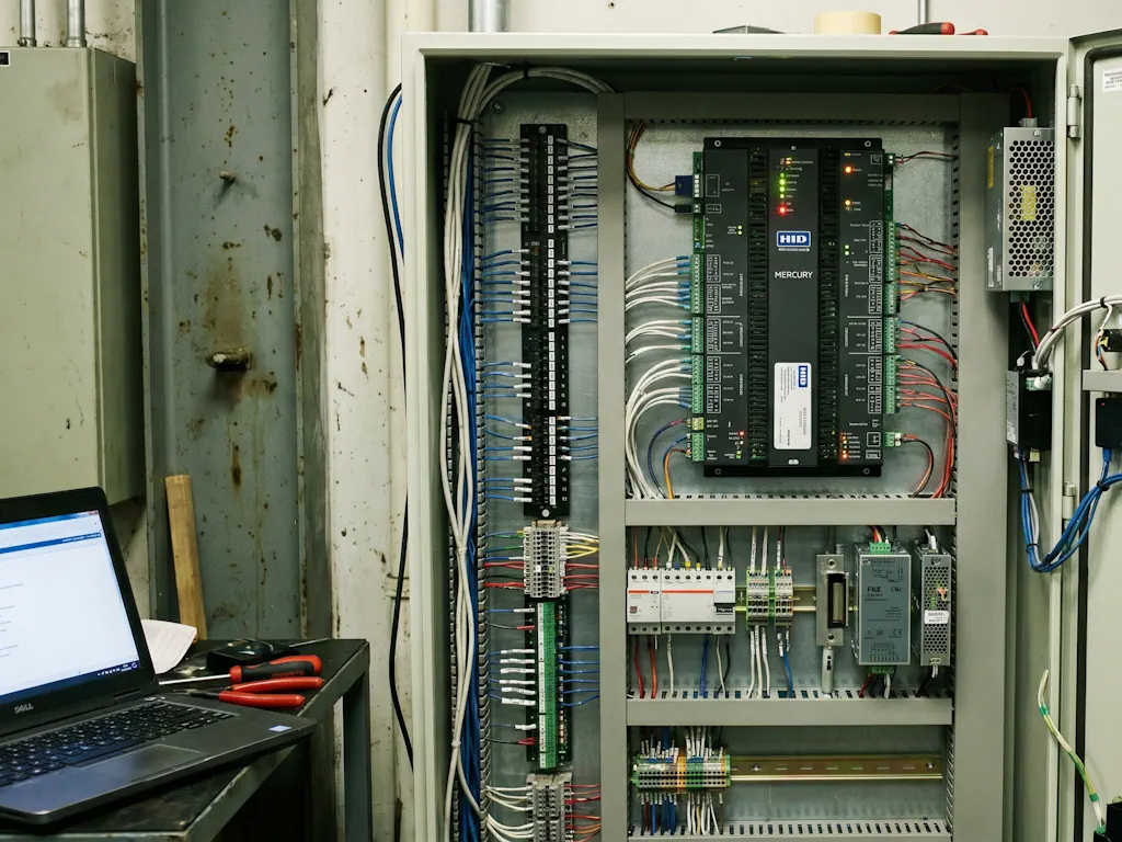 Kontroler systemu kontroli dostępu w szafie technicznej z podłączonymi liniami czytników
