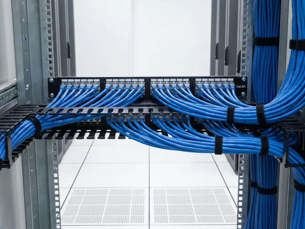 Patch panel z okablowaniem strukturalnym Cat.6A w punkcie dystrybucyjnym sieci LAN