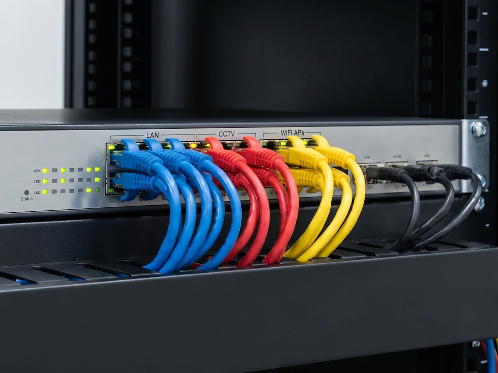 Switch zarządzalny PoE w szafie rack obsługujący sieć LAN, kamery CCTV i punkty dostępowe WiFi
