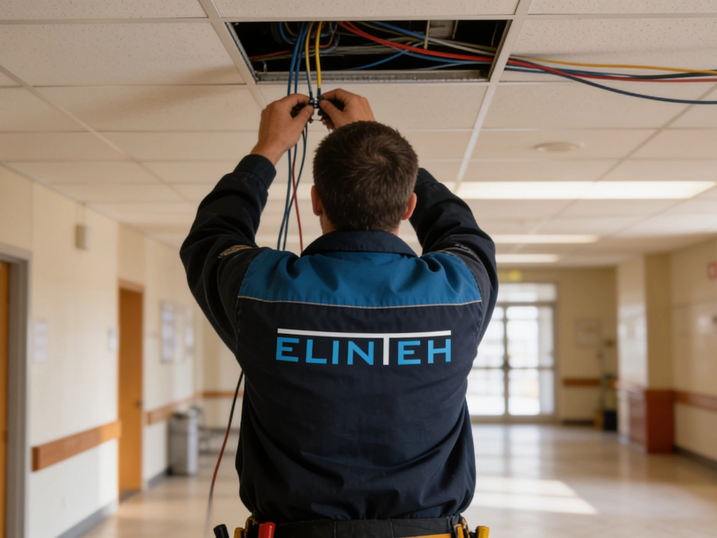 Prace elektroinstalacyjne ELINTEH przy instalacji strukturalnej w suficie kasetonowym.