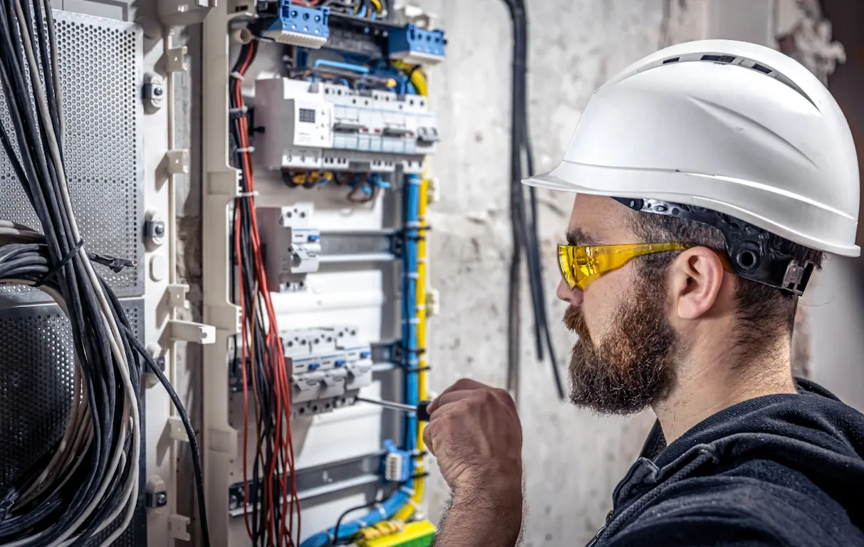 Elektryk w kasku i okularach ochronnych podczas montażu rozdzielnicy elektrycznej