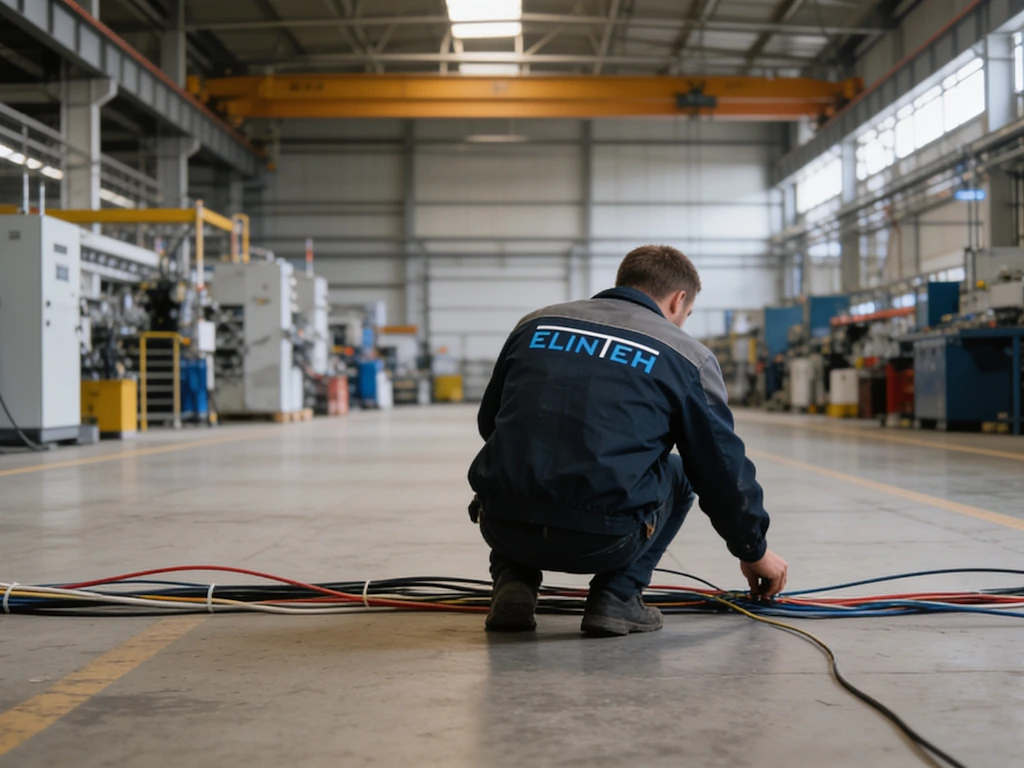 Elektryk firmy ELINTEH układa wiązki kabli zasilających na posadzce hali produkcyjnej.