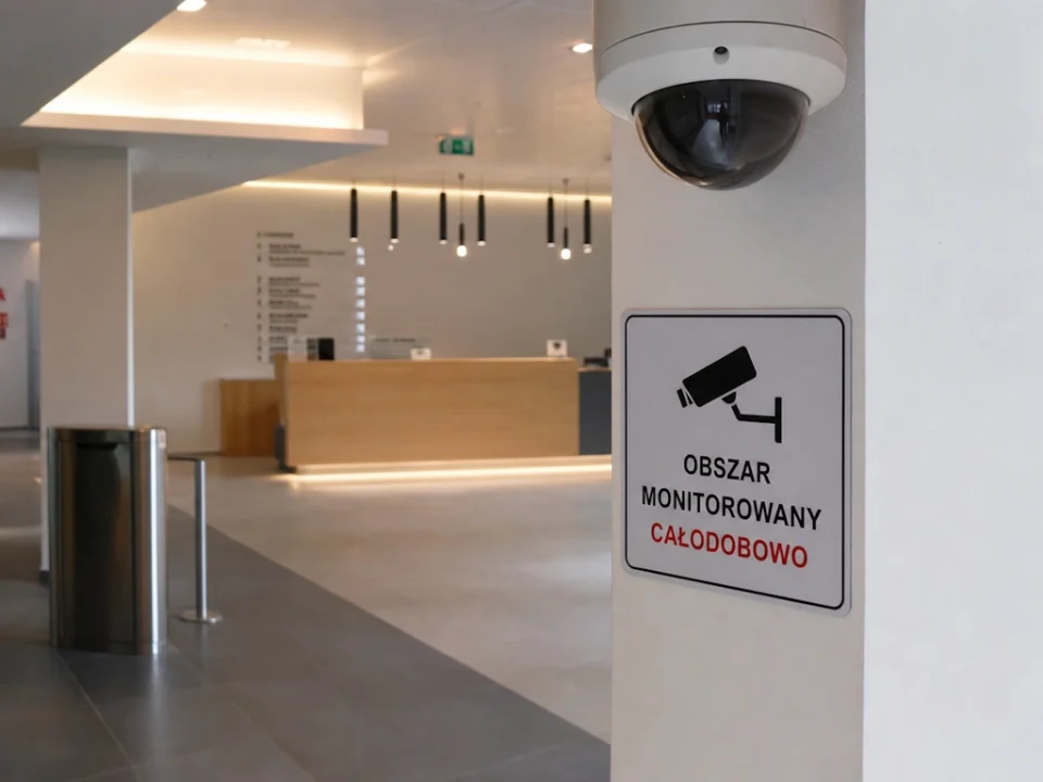 Kamera kopułkowa CCTV oraz tabliczka informacyjna o monitoringu całodobowym przy wejściu do biurowca