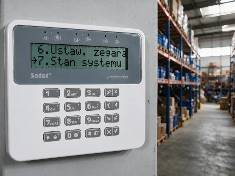 Manipulator LCD systemu alarmowego zamontowany na ścianie w hali magazynowej