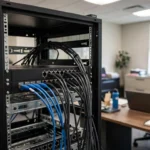 Szafa teleinformatyczna RACK z podłączonymi kablami sieciowymi RJ45 w pomieszczeniu biurowym
