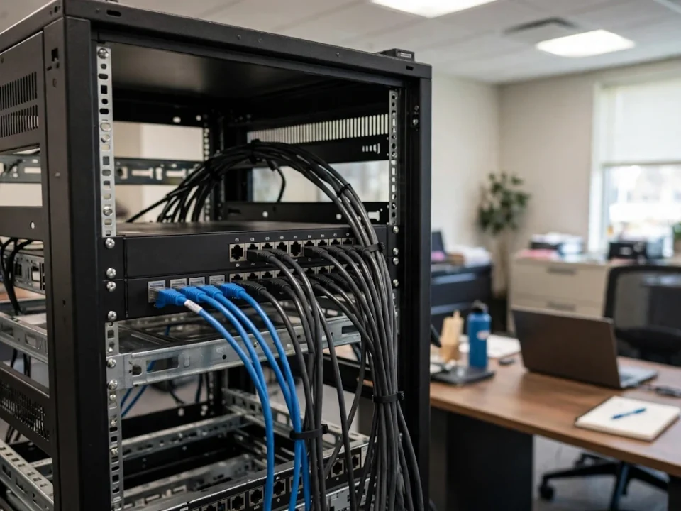 Szafa teleinformatyczna RACK z podłączonymi kablami sieciowymi RJ45 w pomieszczeniu biurowym